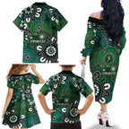 NAIDOC Week 2024 Fire Burning Family Matching Off The Shoulder Long Sleeve Dress and Hawaiian Shirt Aboriginal Dots Green Art