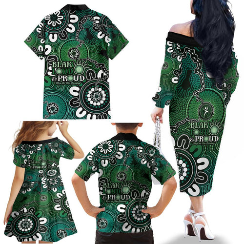 NAIDOC Week 2024 Fire Burning Family Matching Off The Shoulder Long Sleeve Dress and Hawaiian Shirt Aboriginal Dots Green Art