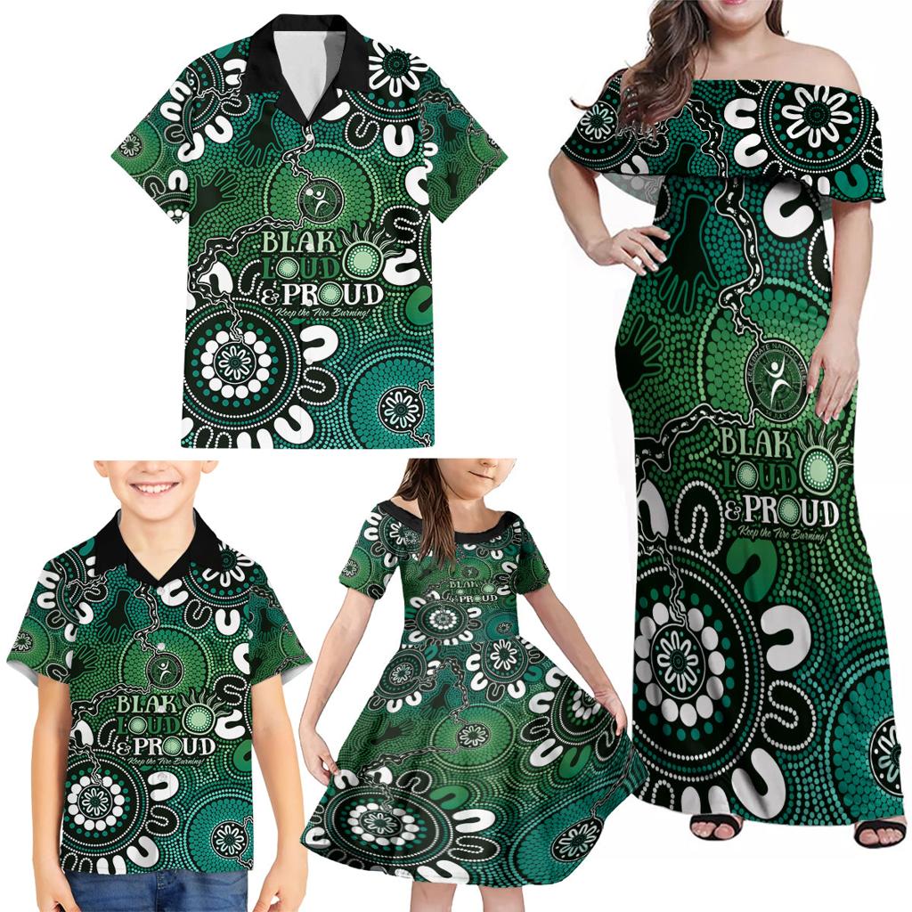 NAIDOC Week 2024 Fire Burning Family Matching Off Shoulder Maxi Dress and Hawaiian Shirt Aboriginal Dots Green Art