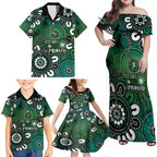 NAIDOC Week 2024 Fire Burning Family Matching Off Shoulder Maxi Dress and Hawaiian Shirt Aboriginal Dots Green Art