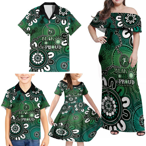NAIDOC Week 2024 Fire Burning Family Matching Off Shoulder Maxi Dress and Hawaiian Shirt Aboriginal Dots Green Art