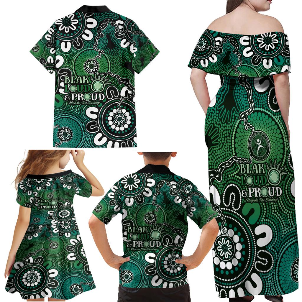 NAIDOC Week 2024 Fire Burning Family Matching Off Shoulder Maxi Dress and Hawaiian Shirt Aboriginal Dots Green Art