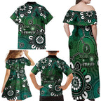 NAIDOC Week 2024 Fire Burning Family Matching Off Shoulder Maxi Dress and Hawaiian Shirt Aboriginal Dots Green Art