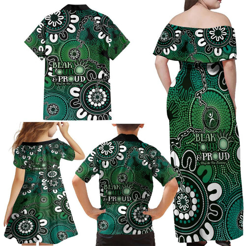 NAIDOC Week 2024 Fire Burning Family Matching Off Shoulder Maxi Dress and Hawaiian Shirt Aboriginal Dots Green Art