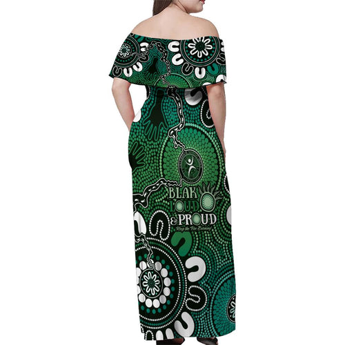 NAIDOC Week 2024 Fire Burning Family Matching Off Shoulder Maxi Dress and Hawaiian Shirt Aboriginal Dots Green Art