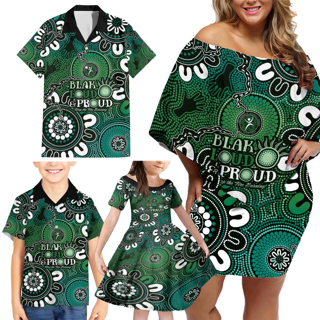 NAIDOC Week 2024 Fire Burning Family Matching Off Shoulder Short Dress and Hawaiian Shirt Aboriginal Dots Green Art