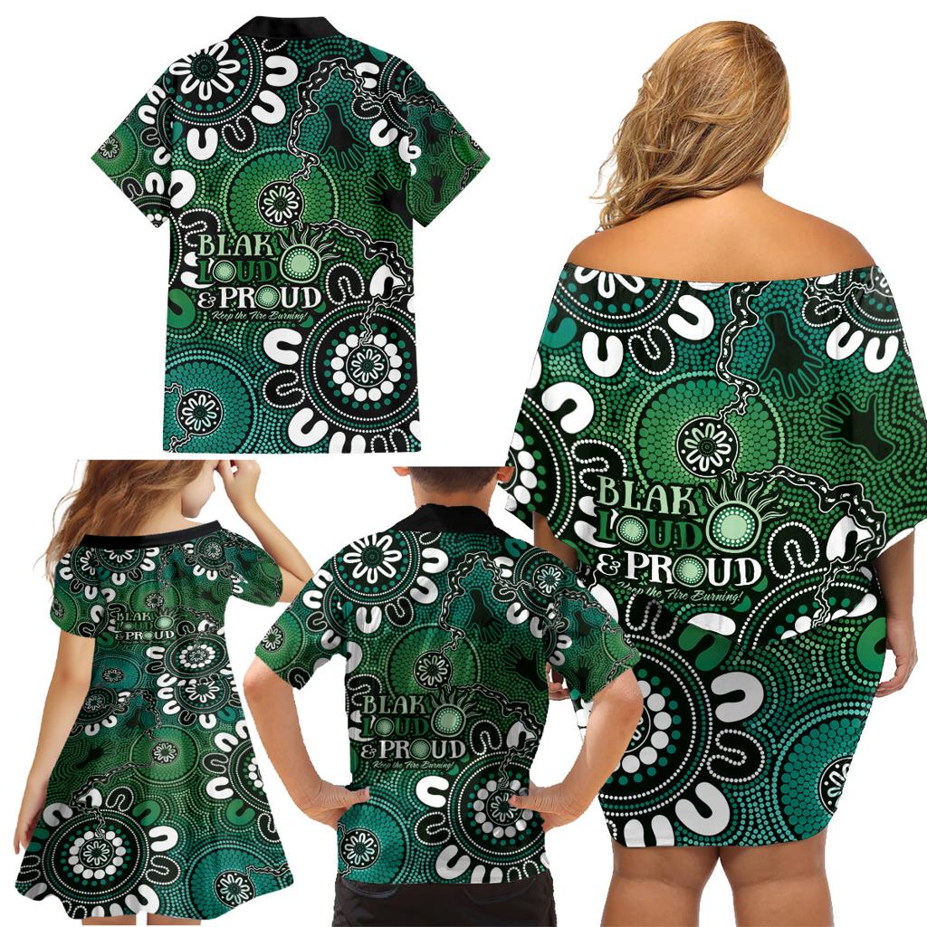 NAIDOC Week 2024 Fire Burning Family Matching Off Shoulder Short Dress and Hawaiian Shirt Aboriginal Dots Green Art