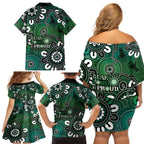 NAIDOC Week 2024 Fire Burning Family Matching Off Shoulder Short Dress and Hawaiian Shirt Aboriginal Dots Green Art