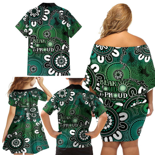 NAIDOC Week 2024 Fire Burning Family Matching Off Shoulder Short Dress and Hawaiian Shirt Aboriginal Dots Green Art