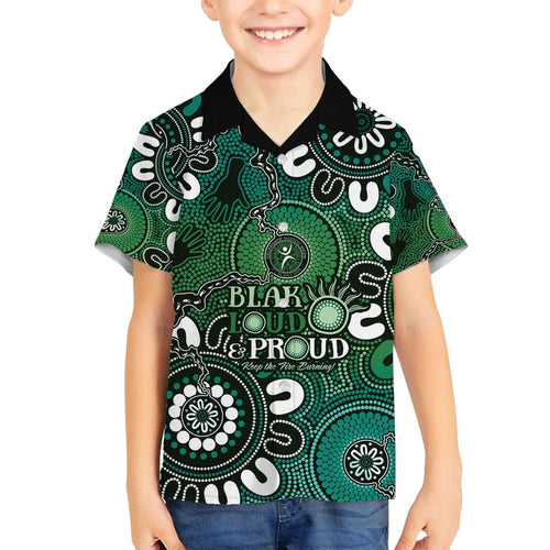 NAIDOC Week 2024 Fire Burning Family Matching Off Shoulder Short Dress and Hawaiian Shirt Aboriginal Dots Green Art