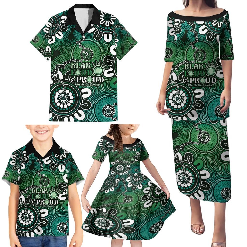 NAIDOC Week 2024 Fire Burning Family Matching Puletasi and Hawaiian Shirt Aboriginal Dots Green Art
