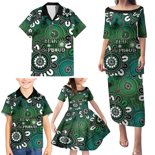NAIDOC Week 2024 Fire Burning Family Matching Puletasi and Hawaiian Shirt Aboriginal Dots Green Art