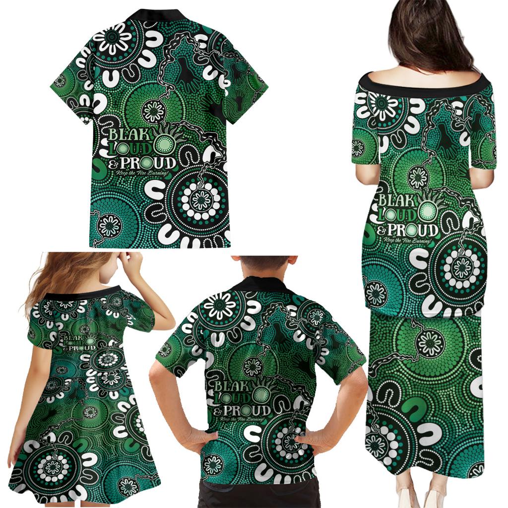 NAIDOC Week 2024 Fire Burning Family Matching Puletasi and Hawaiian Shirt Aboriginal Dots Green Art