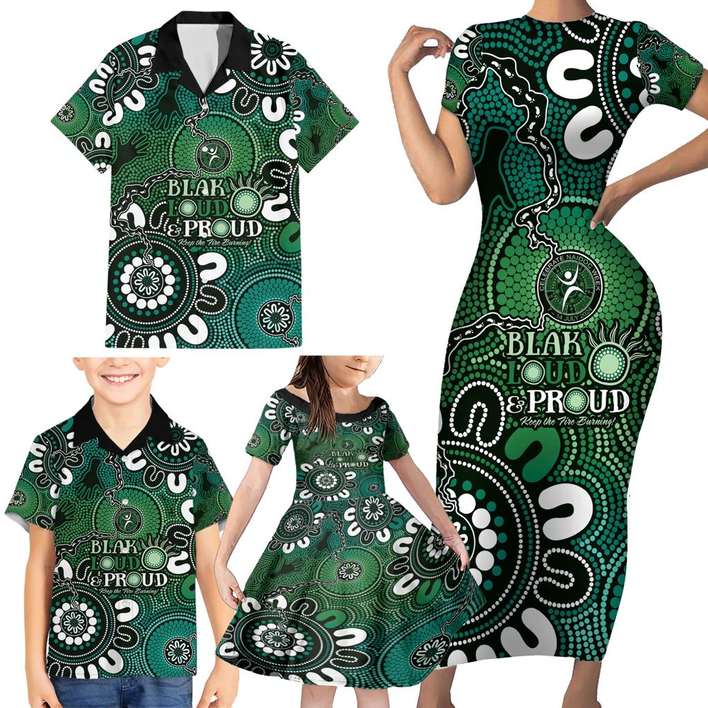 NAIDOC Week 2024 Fire Burning Family Matching Short Sleeve Bodycon Dress and Hawaiian Shirt Aboriginal Dots Green Art