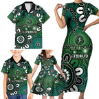 NAIDOC Week 2024 Fire Burning Family Matching Short Sleeve Bodycon Dress and Hawaiian Shirt Aboriginal Dots Green Art