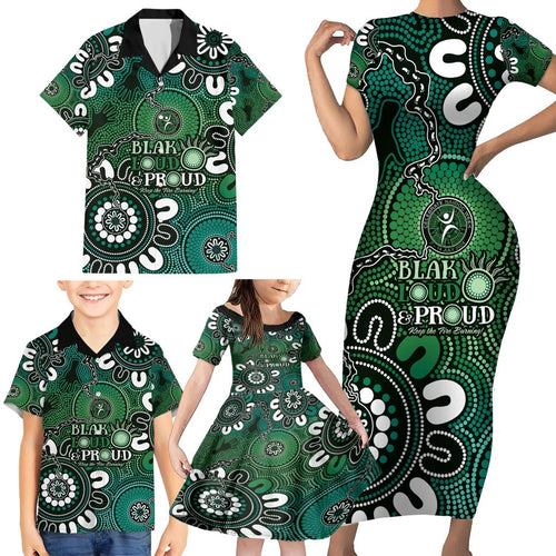 NAIDOC Week 2024 Fire Burning Family Matching Short Sleeve Bodycon Dress and Hawaiian Shirt Aboriginal Dots Green Art