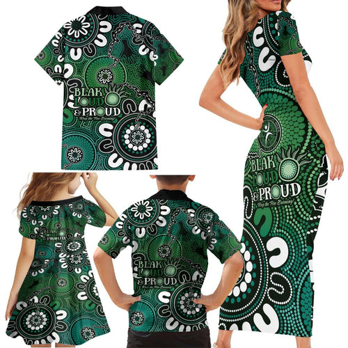 NAIDOC Week 2024 Fire Burning Family Matching Short Sleeve Bodycon Dress and Hawaiian Shirt Aboriginal Dots Green Art