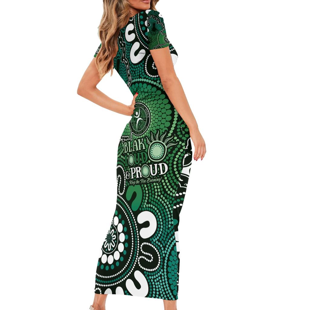 NAIDOC Week 2024 Fire Burning Family Matching Short Sleeve Bodycon Dress and Hawaiian Shirt Aboriginal Dots Green Art