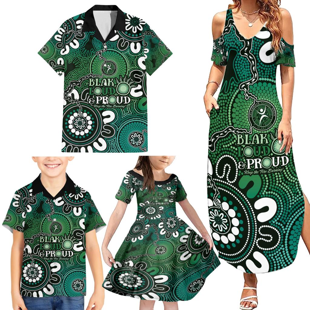 NAIDOC Week 2024 Fire Burning Family Matching Summer Maxi Dress and Hawaiian Shirt Aboriginal Dots Green Art