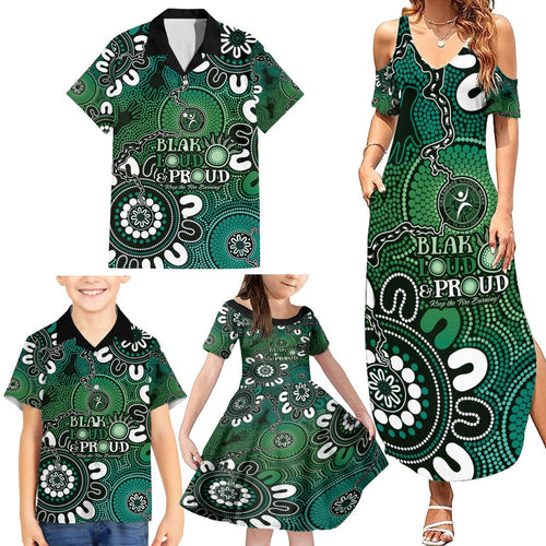 NAIDOC Week 2024 Fire Burning Family Matching Summer Maxi Dress and Hawaiian Shirt Aboriginal Dots Green Art