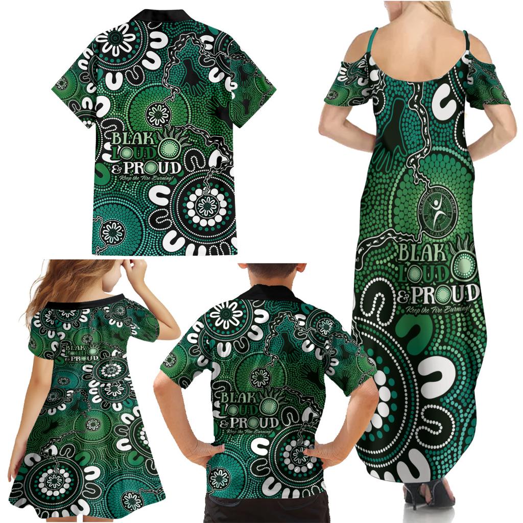 NAIDOC Week 2024 Fire Burning Family Matching Summer Maxi Dress and Hawaiian Shirt Aboriginal Dots Green Art