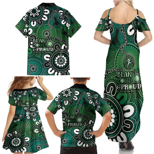 NAIDOC Week 2024 Fire Burning Family Matching Summer Maxi Dress and Hawaiian Shirt Aboriginal Dots Green Art