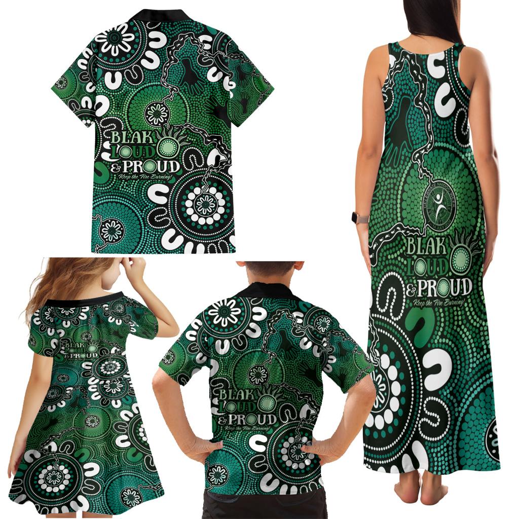 NAIDOC Week 2024 Fire Burning Family Matching Tank Maxi Dress and Hawaiian Shirt Aboriginal Dots Green Art