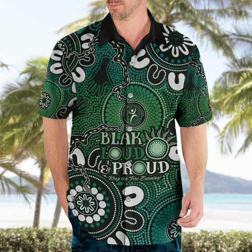 NAIDOC Week 2024 Fire Burning Hawaiian Shirt Aboriginal Dots Green Art