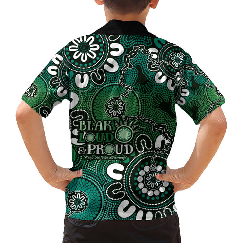 NAIDOC Week 2024 Fire Burning Hawaiian Shirt Aboriginal Dots Green Art