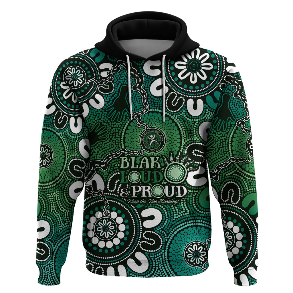 NAIDOC Week 2024 Fire Burning Hoodie Aboriginal Dots Green Art