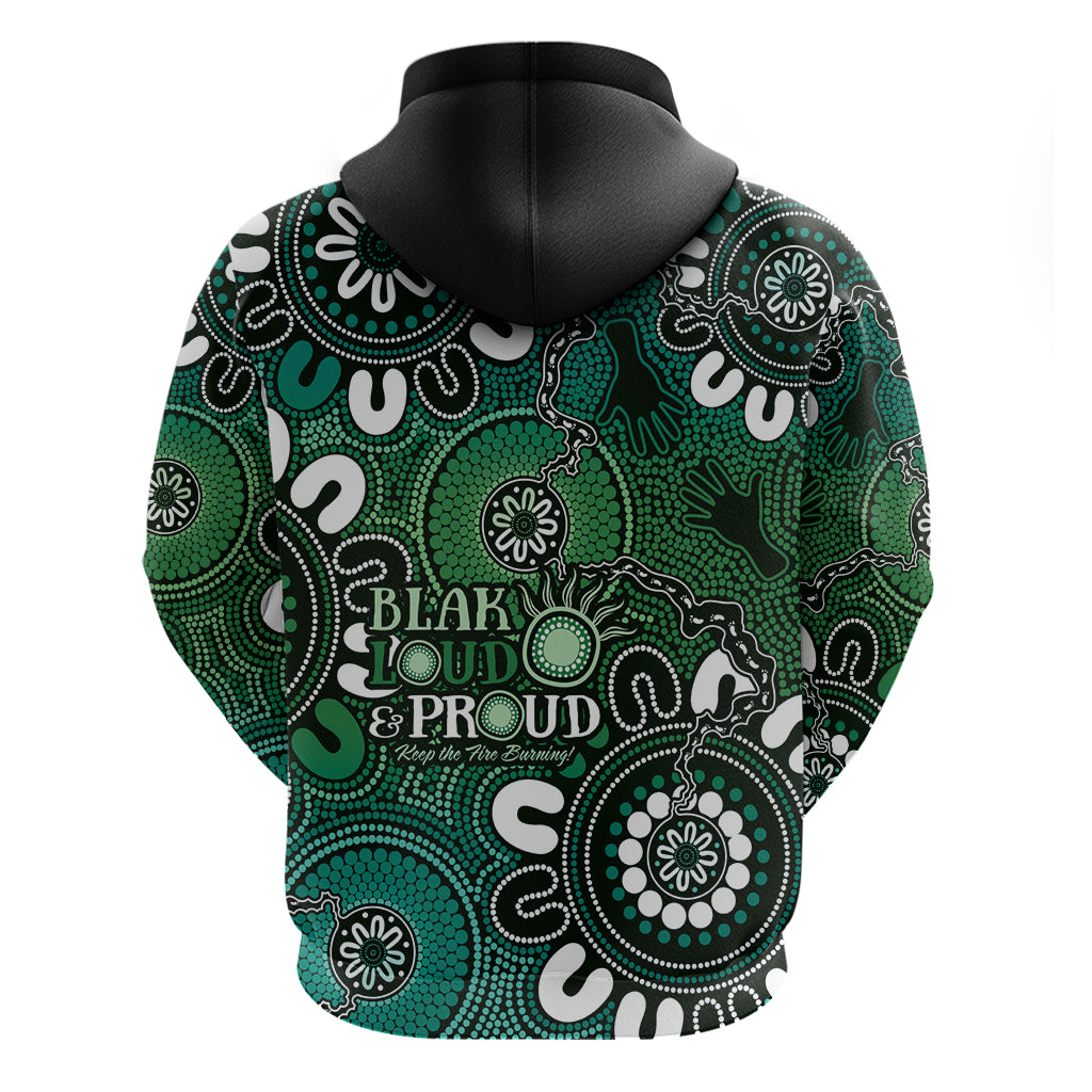 NAIDOC Week 2024 Fire Burning Hoodie Aboriginal Dots Green Art