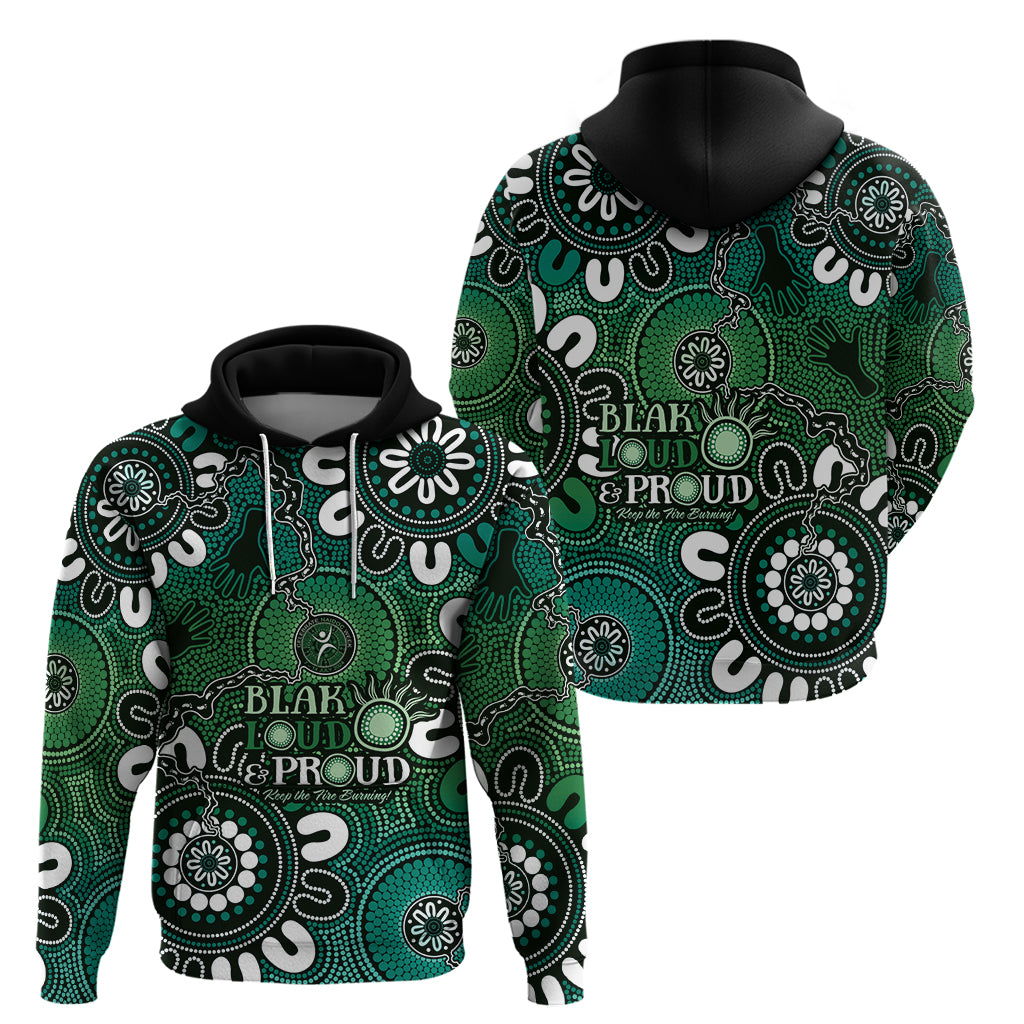 NAIDOC Week 2024 Fire Burning Hoodie Aboriginal Dots Green Art