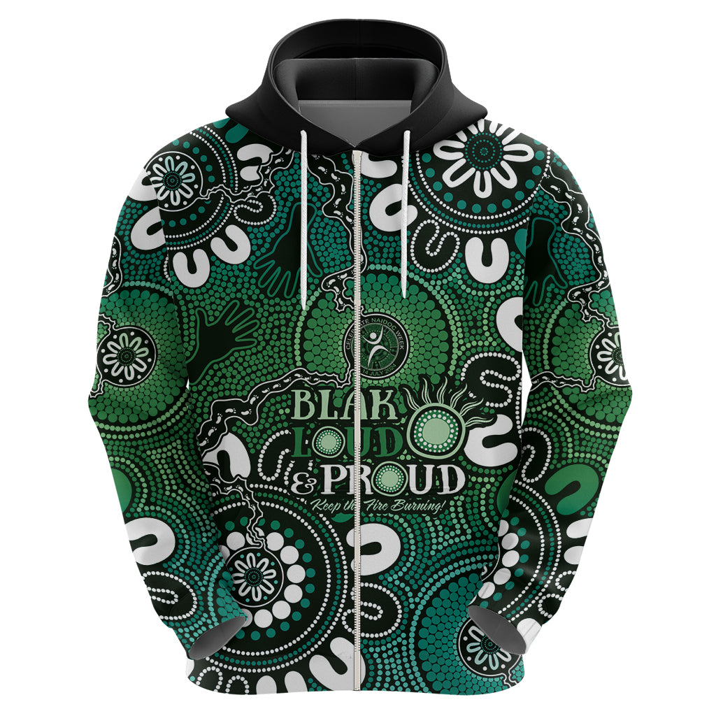 NAIDOC Week 2024 Fire Burning Hoodie Aboriginal Dots Green Art