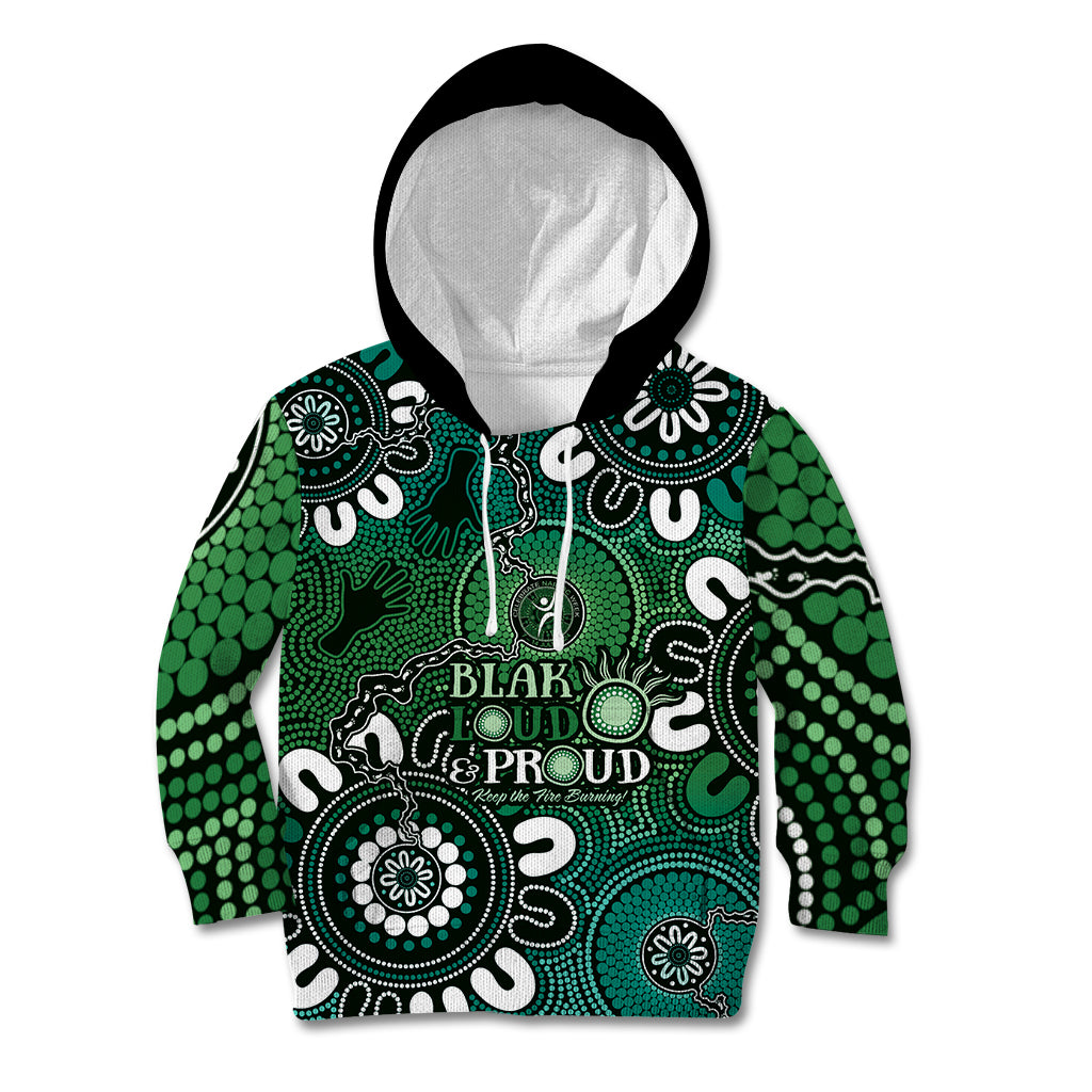 NAIDOC Week 2024 Fire Burning Kid Hoodie Aboriginal Dots Green Art