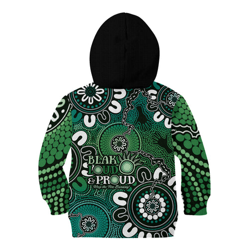 NAIDOC Week 2024 Fire Burning Kid Hoodie Aboriginal Dots Green Art