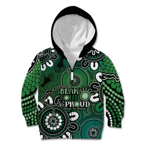 NAIDOC Week 2024 Fire Burning Kid Hoodie Aboriginal Dots Green Art