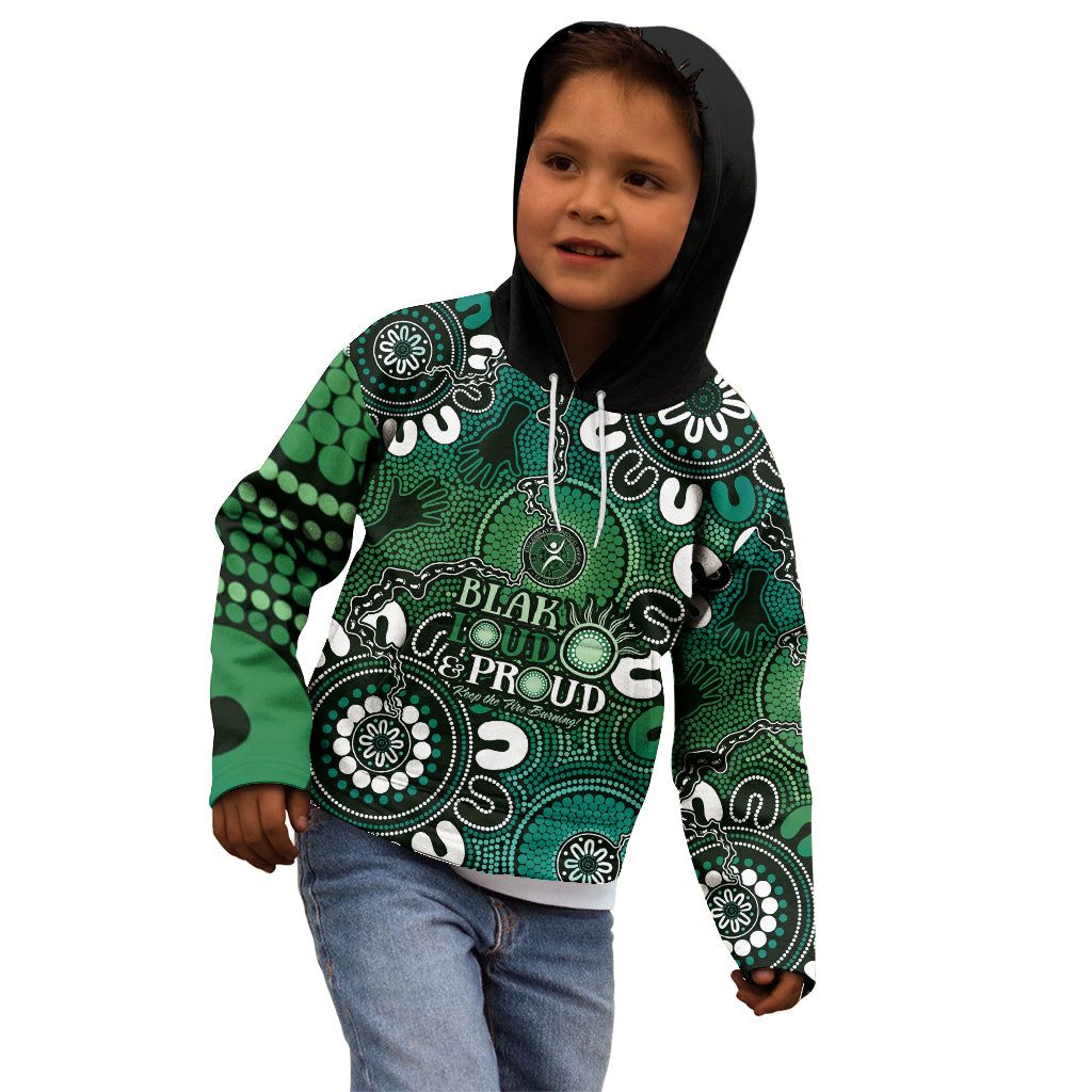 NAIDOC Week 2024 Fire Burning Kid Hoodie Aboriginal Dots Green Art