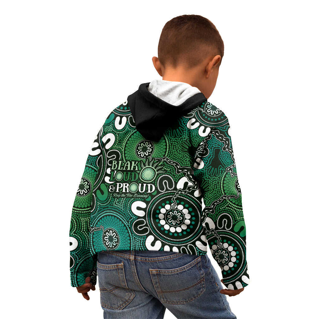 NAIDOC Week 2024 Fire Burning Kid Hoodie Aboriginal Dots Green Art