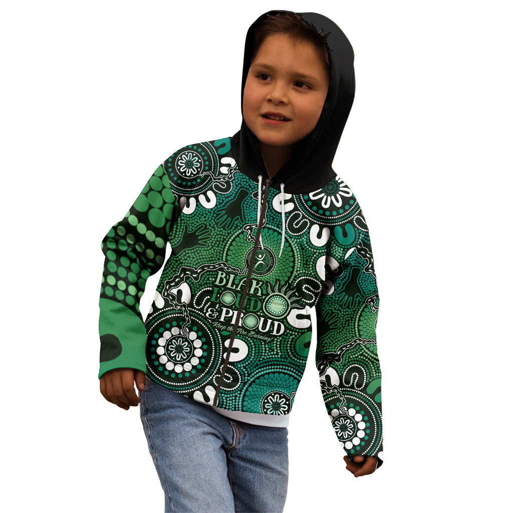 NAIDOC Week 2024 Fire Burning Kid Hoodie Aboriginal Dots Green Art