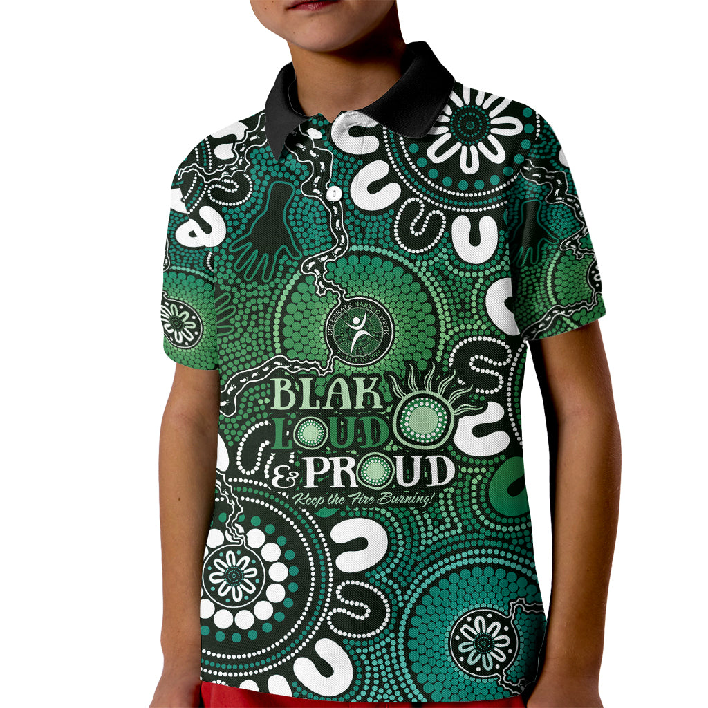 NAIDOC Week 2024 Fire Burning Kid Polo Shirt Aboriginal Dots Green Art