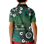 NAIDOC Week 2024 Fire Burning Kid Polo Shirt Aboriginal Dots Green Art