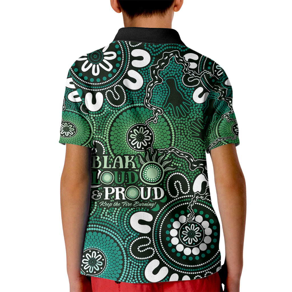 NAIDOC Week 2024 Fire Burning Kid Polo Shirt Aboriginal Dots Green Art