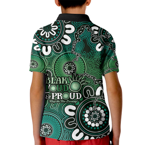 NAIDOC Week 2024 Fire Burning Kid Polo Shirt Aboriginal Dots Green Art