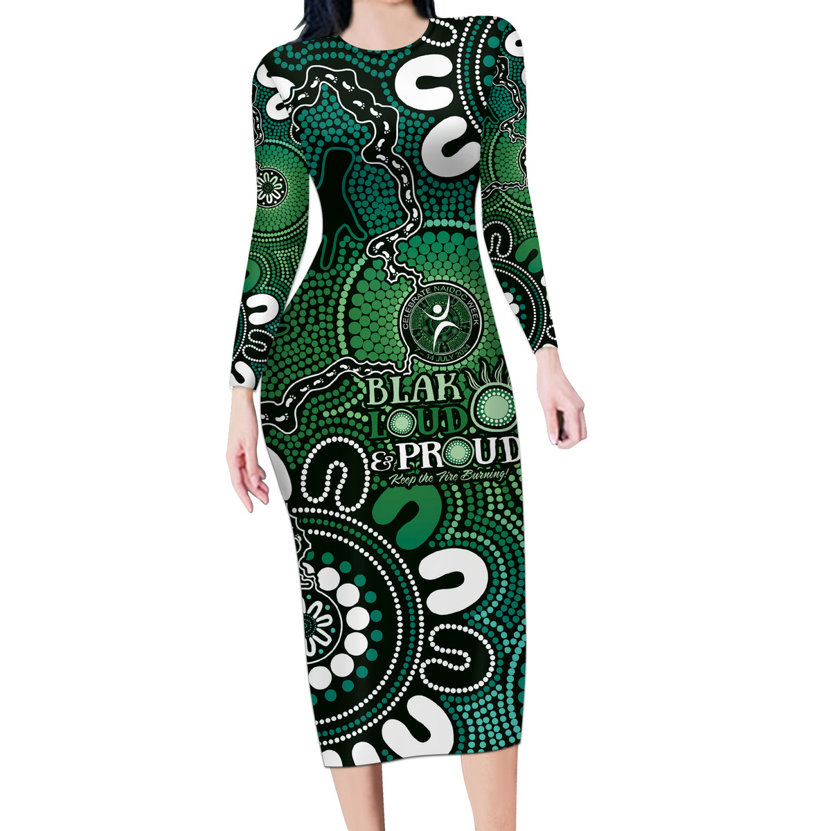NAIDOC Week 2024 Fire Burning Long Sleeve Bodycon Dress Aboriginal Dots Green Art