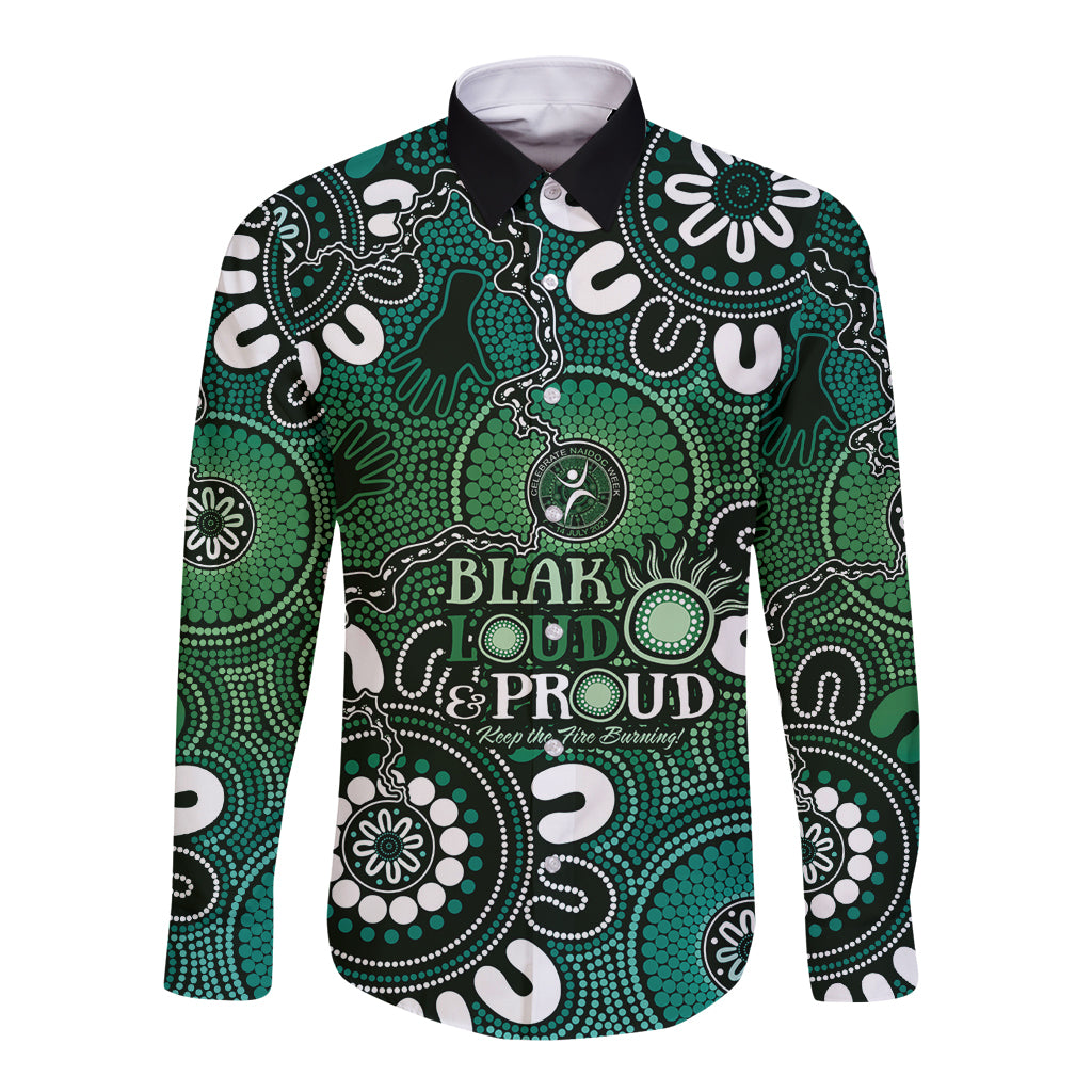 NAIDOC Week 2024 Fire Burning Long Sleeve Button Shirt Aboriginal Dots Green Art