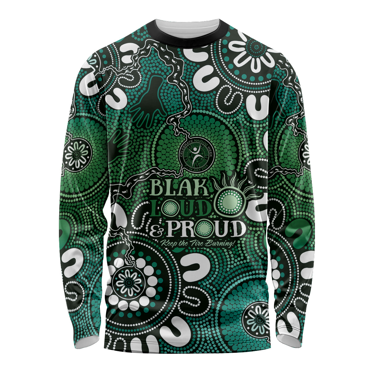 NAIDOC Week 2024 Fire Burning Long Sleeve Shirt Aboriginal Dots Green Art