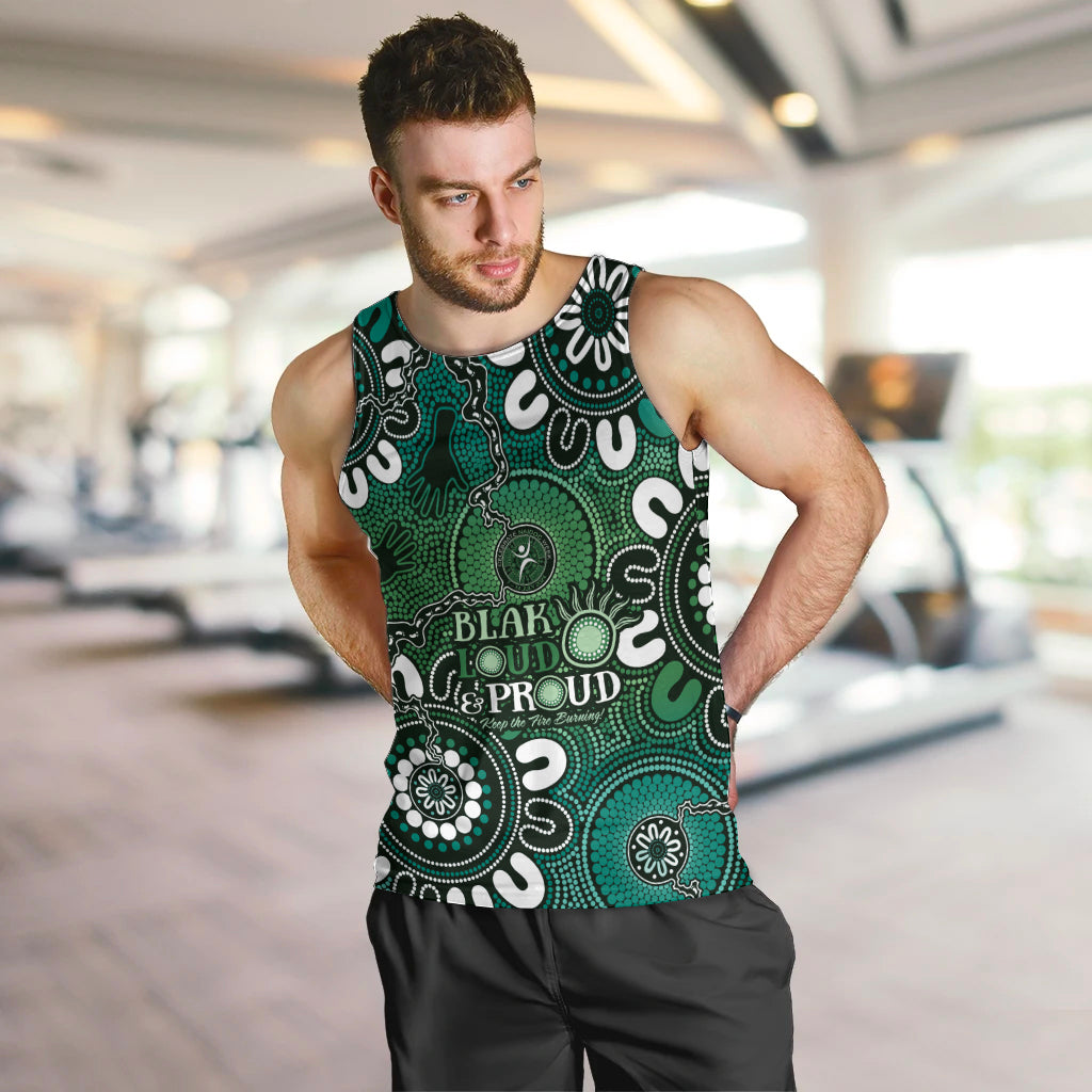 NAIDOC Week 2024 Fire Burning Men Tank Top Aboriginal Dots Green Art