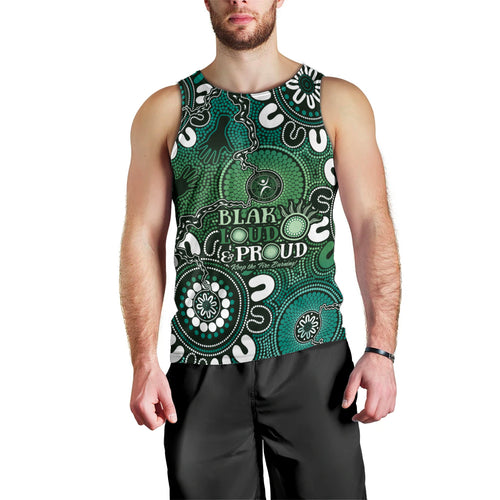 NAIDOC Week 2024 Fire Burning Men Tank Top Aboriginal Dots Green Art