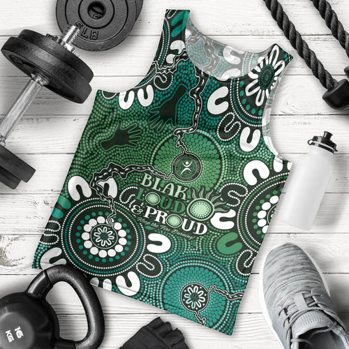 NAIDOC Week 2024 Fire Burning Men Tank Top Aboriginal Dots Green Art