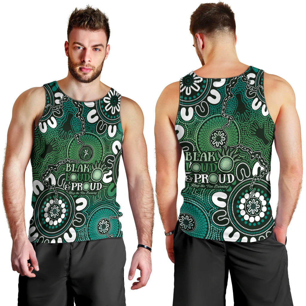 NAIDOC Week 2024 Fire Burning Men Tank Top Aboriginal Dots Green Art